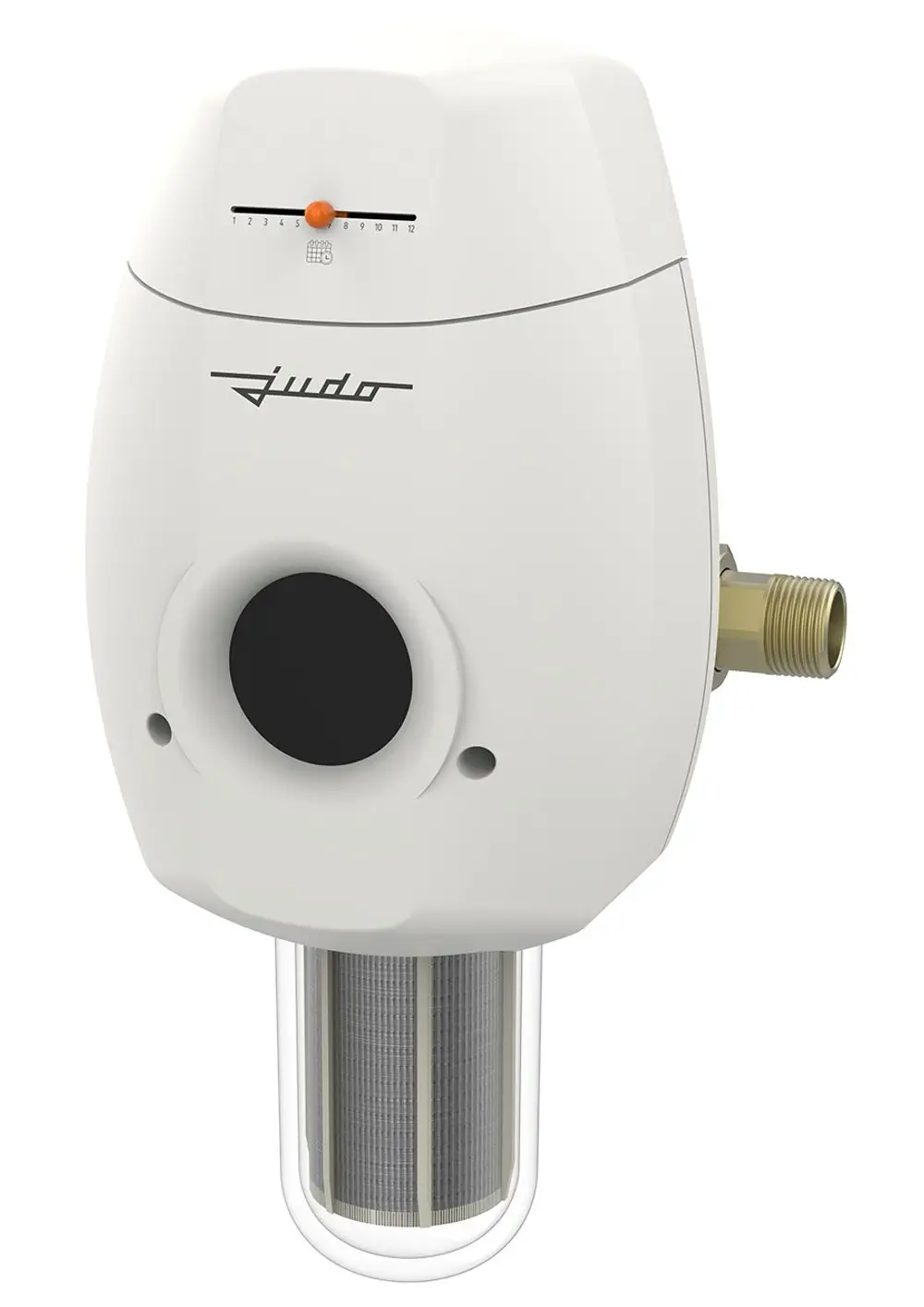 Weißer Judo-Filter mit transparentem Behälter und seitlichem Anschluss. Oben ist ein Einstellregler sichtbar. Genutzt zur Filterung von Wasser mit 100 µm.
